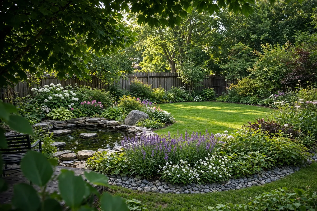 A landscaped backyard with a pond, lavender beds and a green lawn, seen through a freshly cleaned window